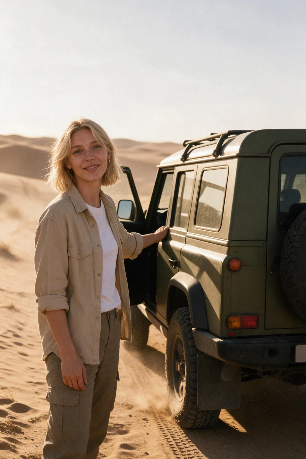 AI Car Photos of Yourself: 10 Car and Motorcycle Looks From One Selfie: offroad 4x4 desert example, generated from one selfie | MakeAiPhotos
