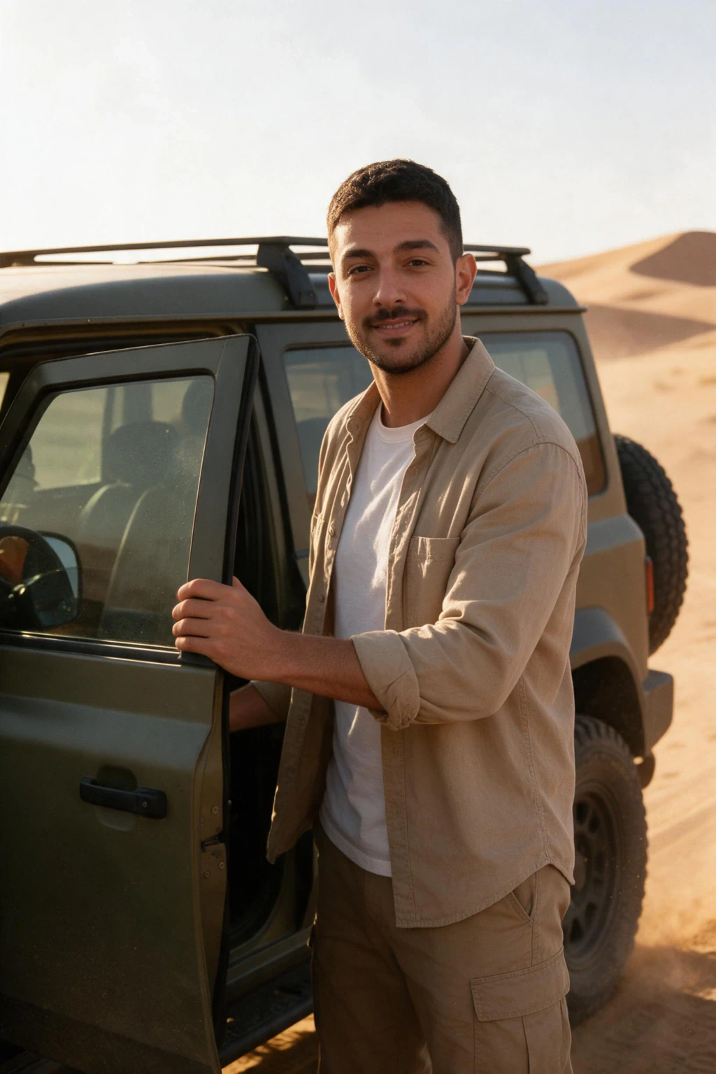 AI Car Photos of Yourself: 10 Car and Motorcycle Looks From One Selfie: offroad 4x4 desert example, generated from one selfie | MakeAiPhotos