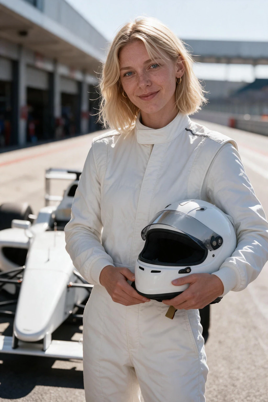 AI Car Photos of Yourself: 10 Car and Motorcycle Looks From One Selfie: race track pit lane example, generated from one selfie | MakeAiPhotos