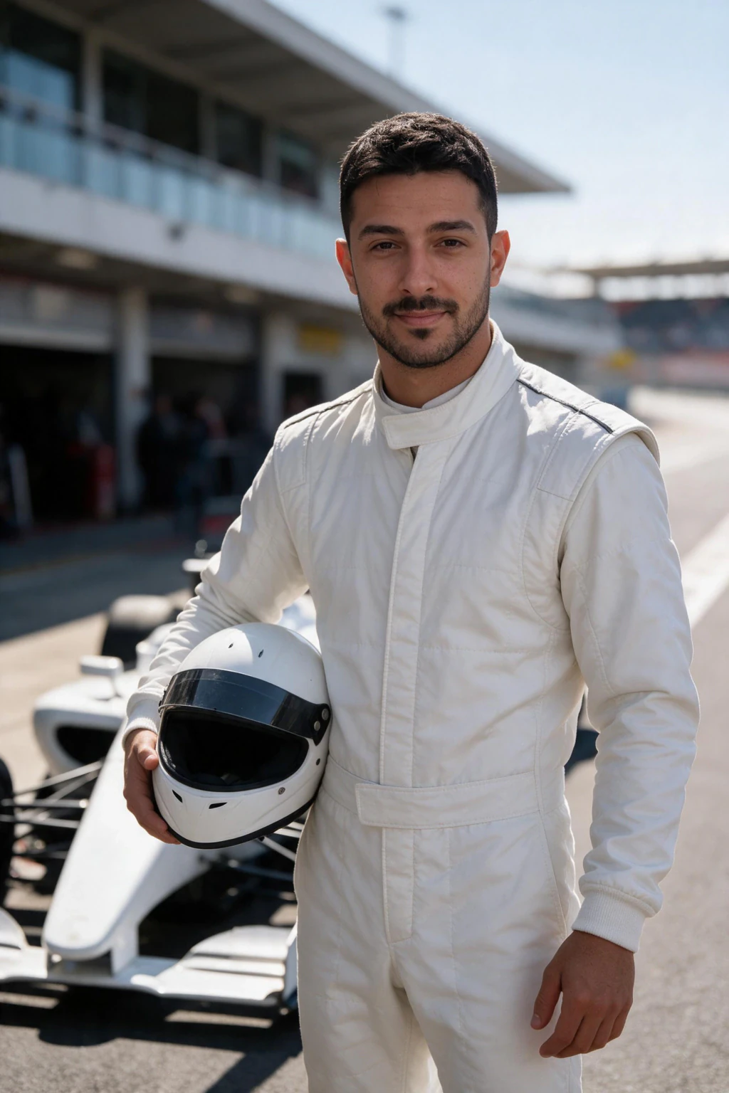 AI Car Photos of Yourself: 10 Car and Motorcycle Looks From One Selfie: race track pit lane example, generated from one selfie | MakeAiPhotos