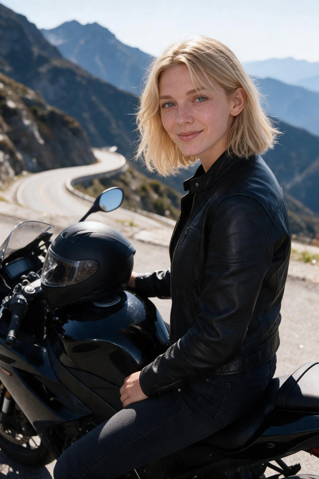AI Car Photos of Yourself: 10 Car and Motorcycle Looks From One Selfie: sport bike mountain pass example, generated from one selfie | MakeAiPhotos