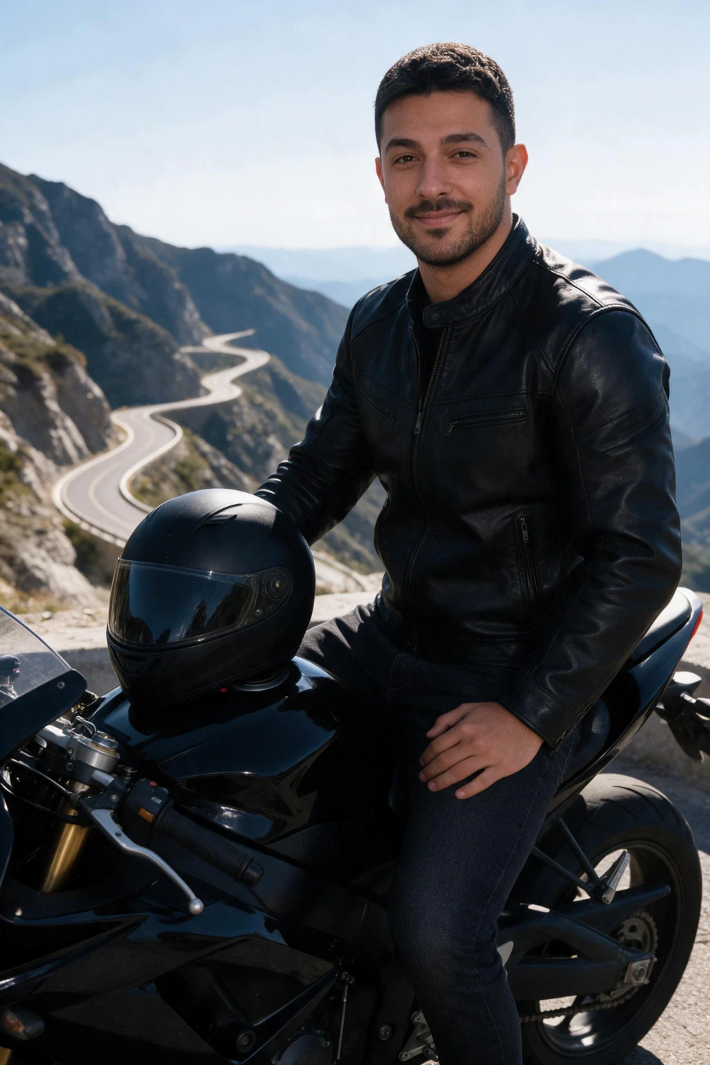 AI Car Photos of Yourself: 10 Car and Motorcycle Looks From One Selfie: sport bike mountain pass example, generated from one selfie | MakeAiPhotos