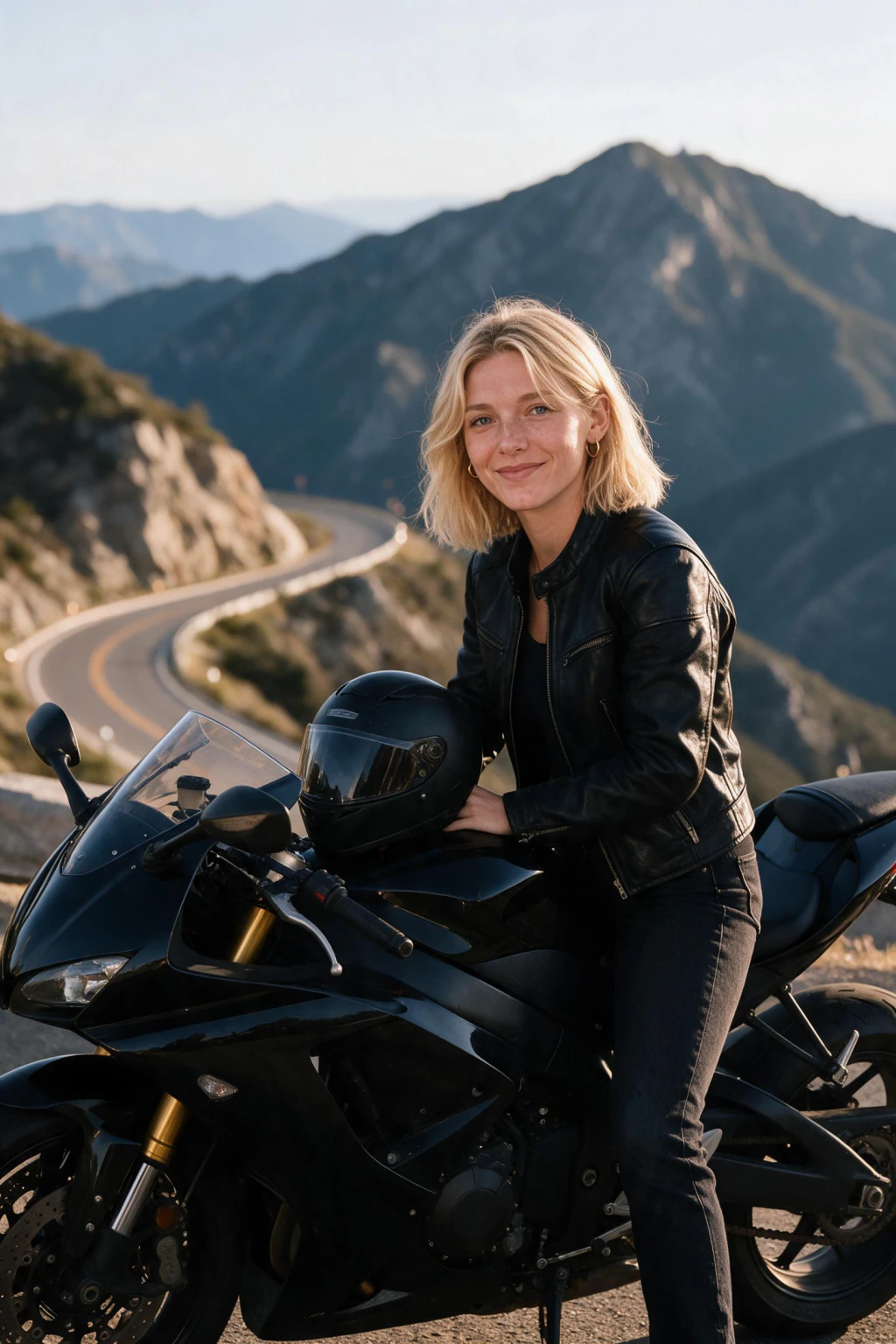 AI motorcycle photo generated from one selfie: seated astride a parked sport bike at a golden-hour mountain overlook, both feet on the ground, helmet resting on the tank