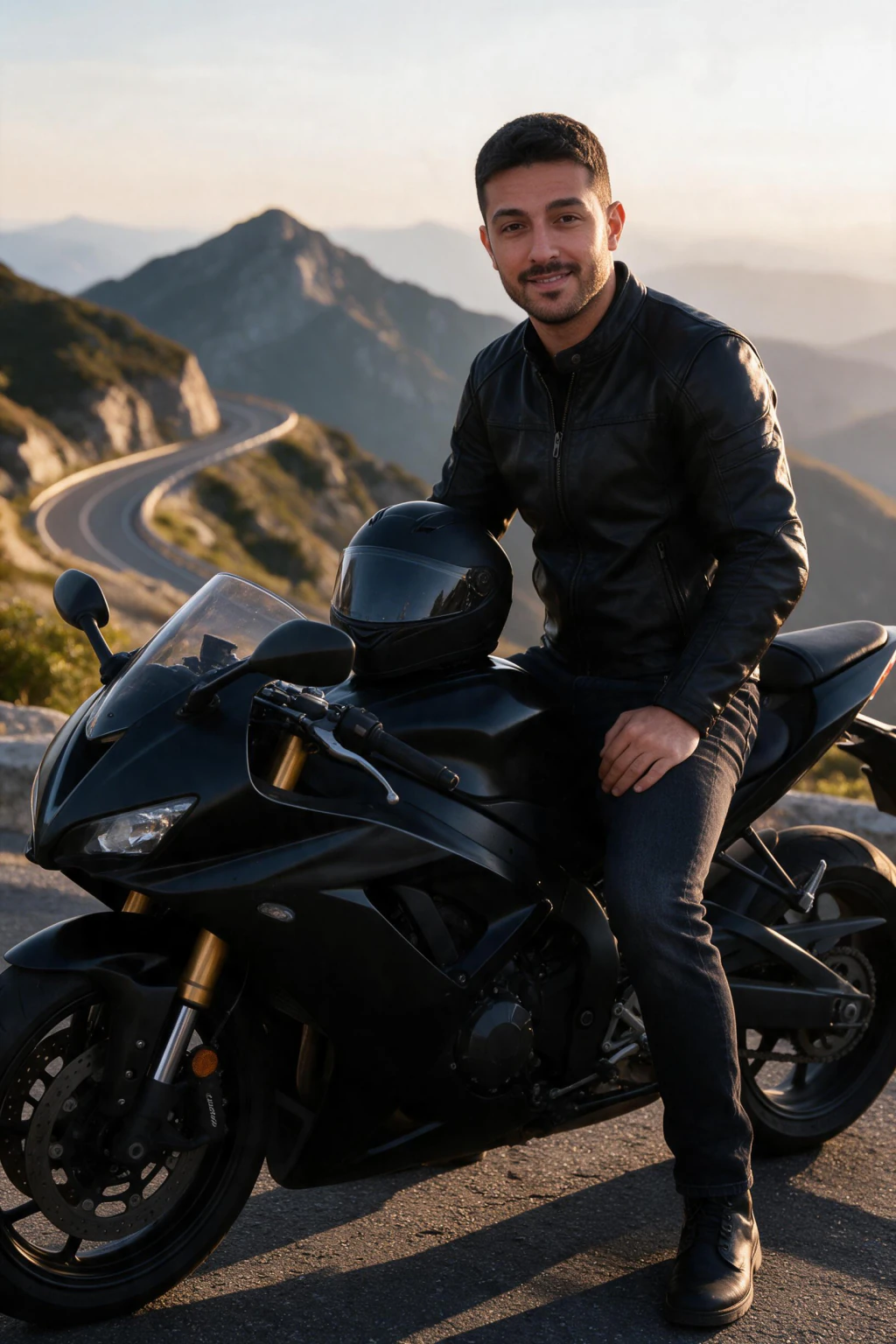 Sport bike, seated at the overlook: AI photo generated from the selfie on the left