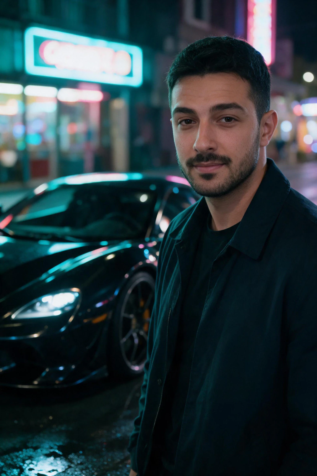 AI Car Photos of Yourself: 10 Car and Motorcycle Looks From One Selfie: supercar city night example, generated from one selfie | MakeAiPhotos
