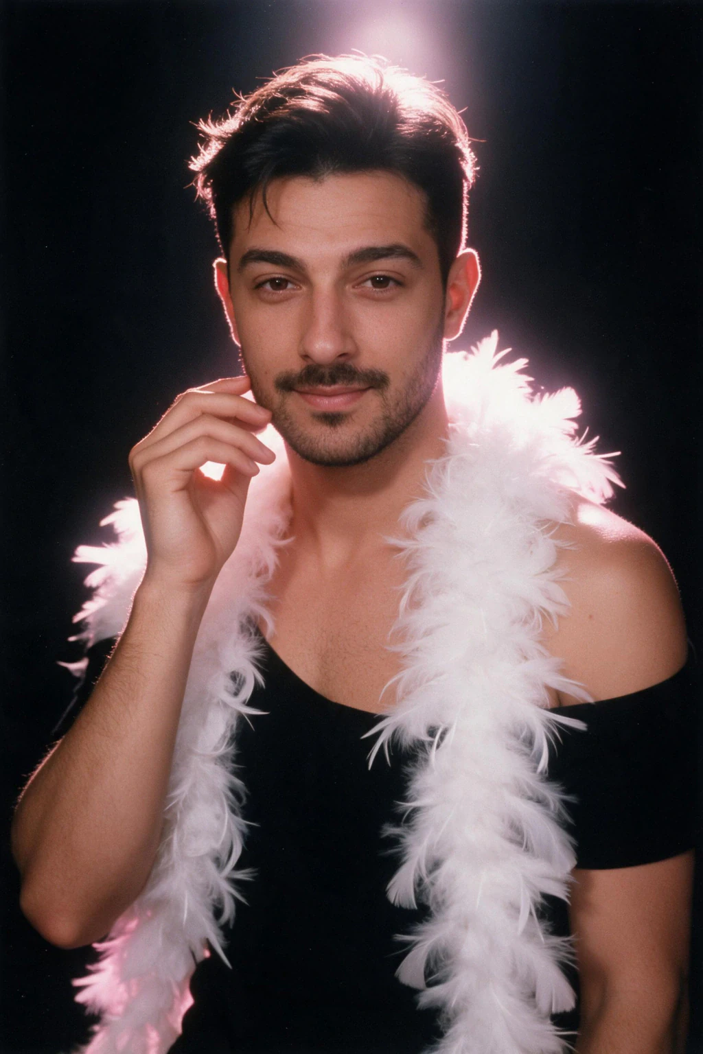 AI glamour shot of the same man in a white feather boa against a black backdrop with a warm spotlight, generated from the same selfie