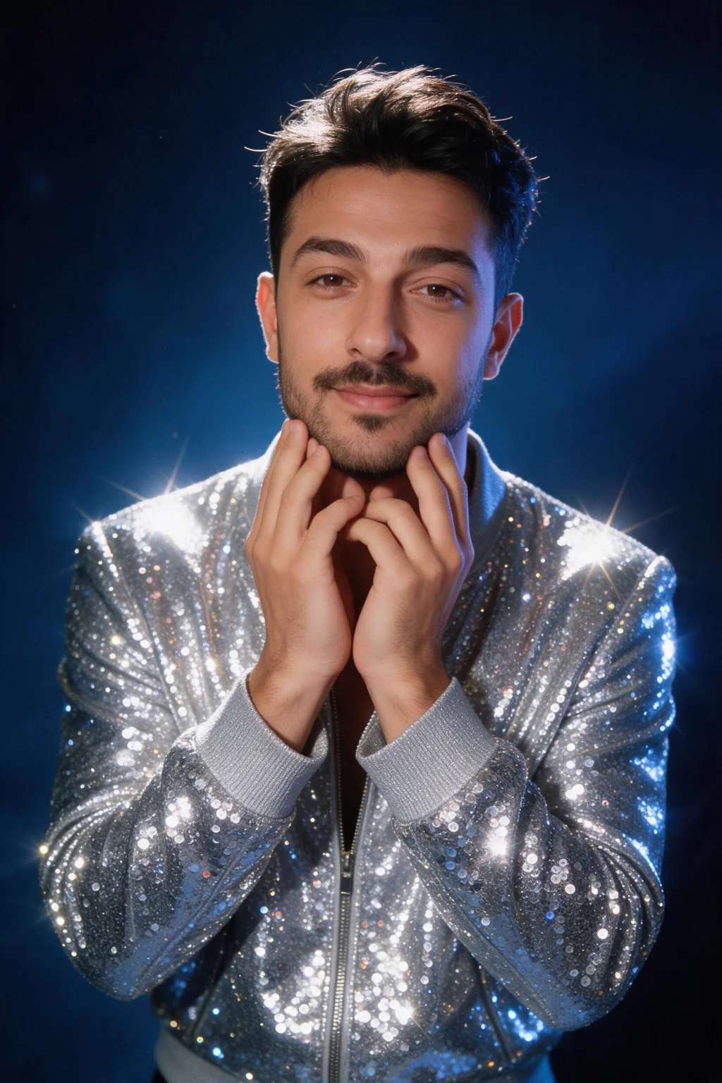 AI glamour shot of the same man in a silver sequin jacket with both hands framing the chin against a deep blue backdrop, generated from the same selfie