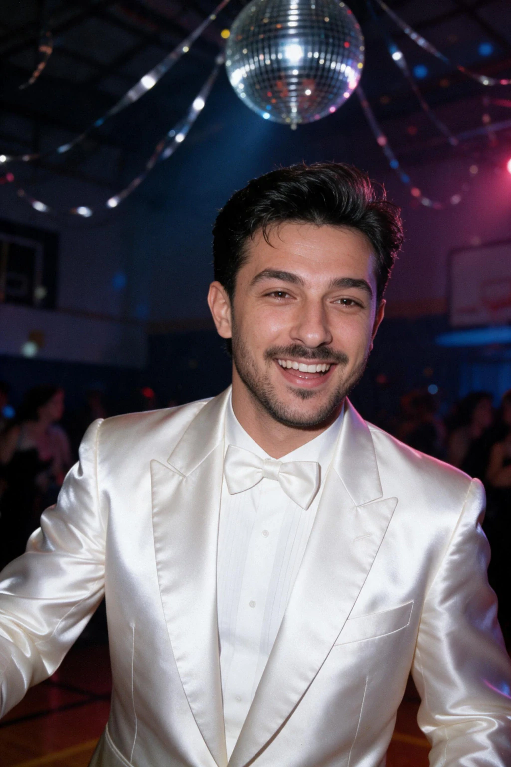 AI photo of the same man laughing on an 80s prom dance floor under a mirror ball and silver streamers, generated from the same selfie