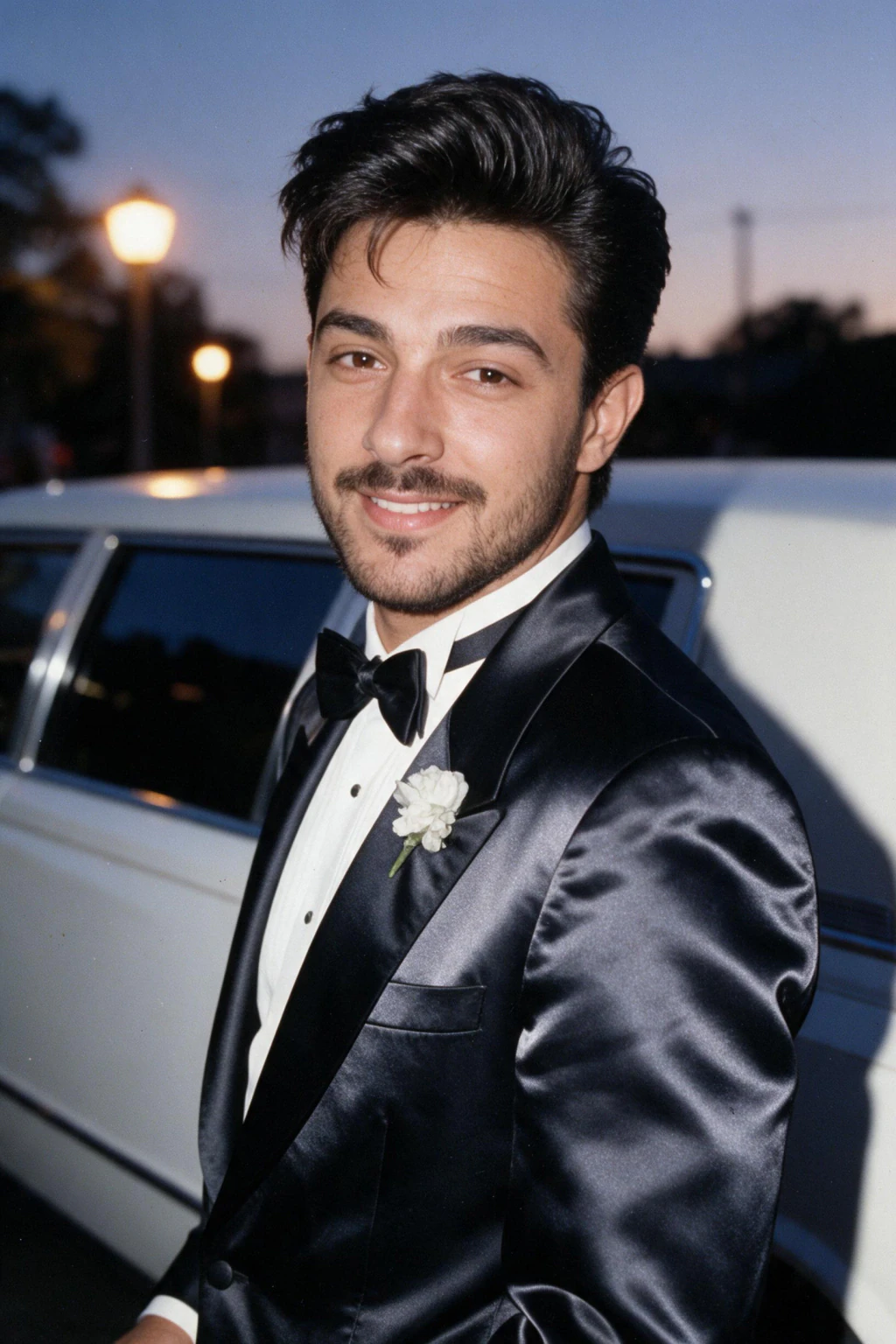 AI photo of the same man arriving at an 80s prom beside a white stretch limo at dusk, generated from the same selfie