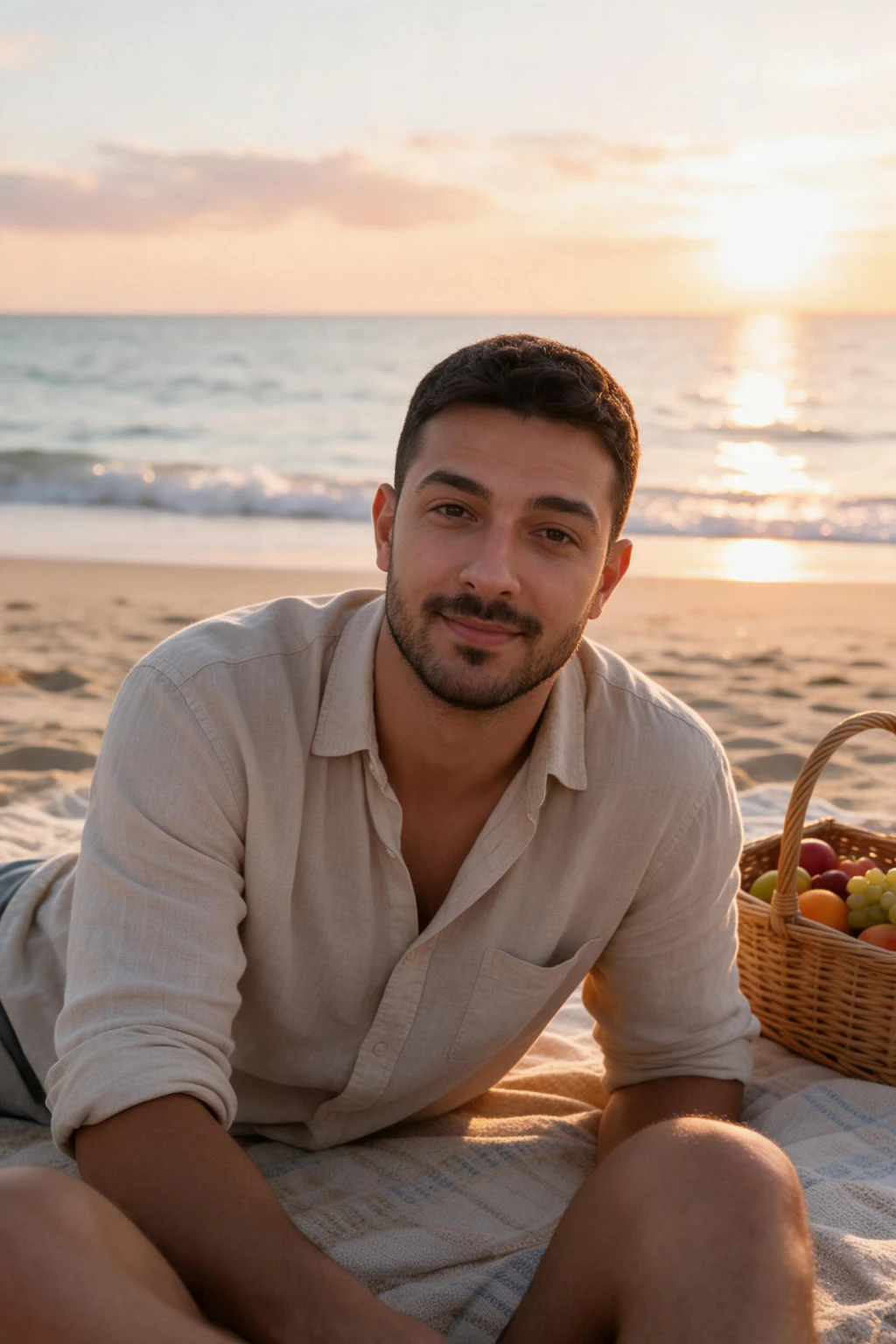 AI picnic photo generated from the same selfie: man in a beige linen shirt seated on a picnic blanket on the sand beside a wicker basket of fruit, sunset over the ocean