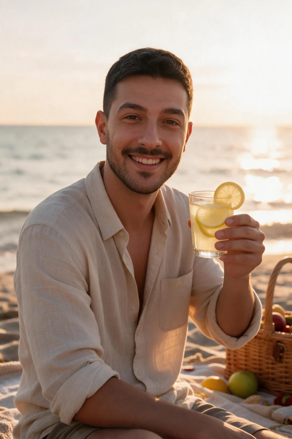 AI lemonade toast photo generated from the same selfie: man in a beige linen shirt on a woven blanket raising a glass of lemonade with a lemon slice toward the camera, basket and fruit beside him, sunset over the ocean