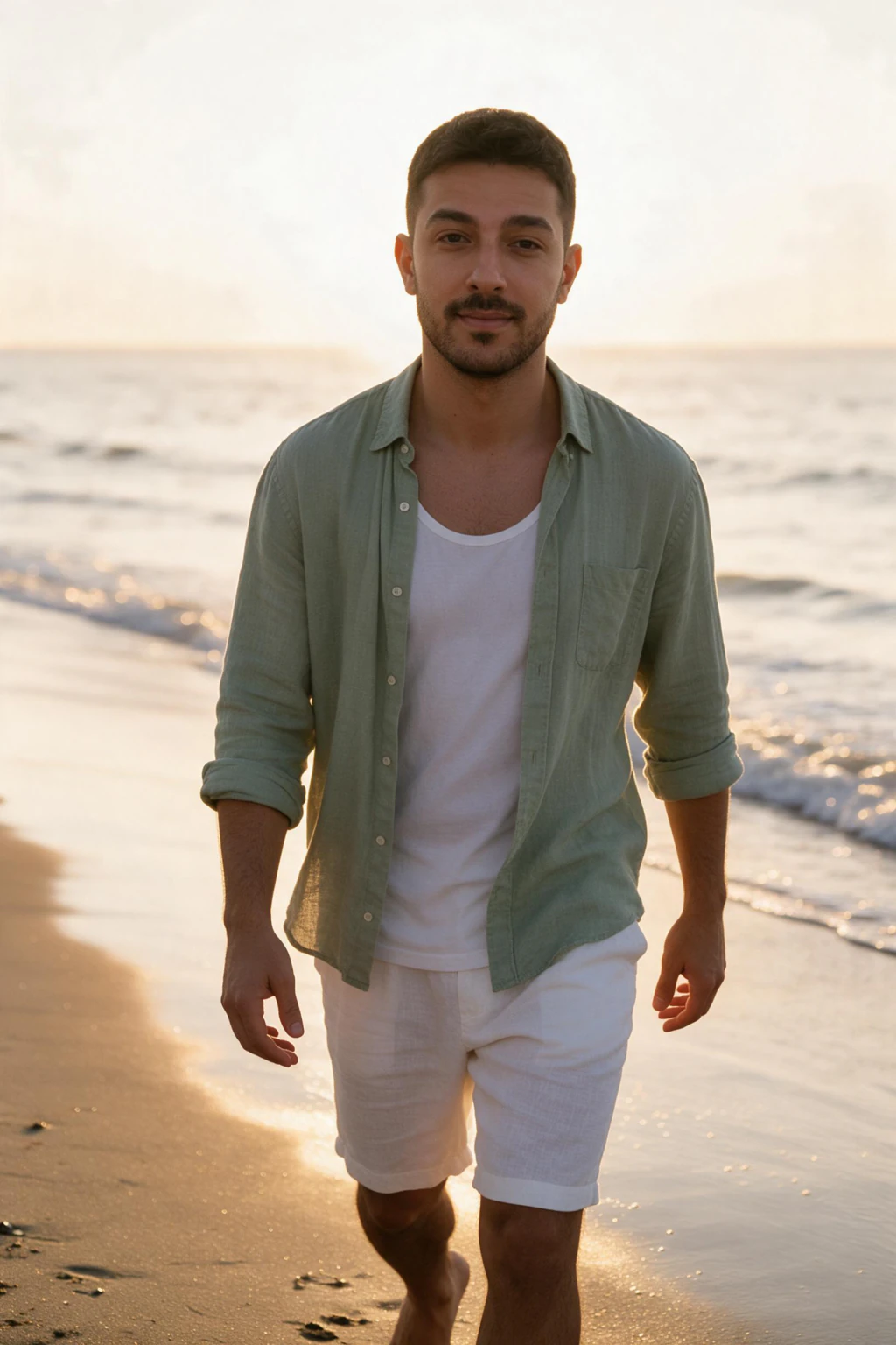 AI golden hour beach photo generated from the same selfie: man walking the same shoreline in a pale sage green linen shirt over a white tank and white linen shorts at sunset