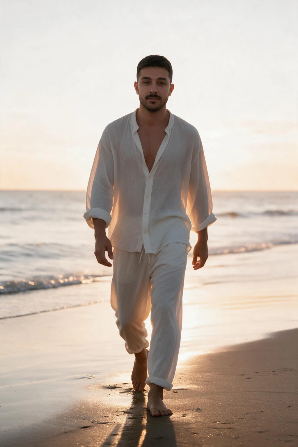 AI Beach Photos That Look Like You Actually Went: golden hour shoreline example, generated from one selfie | MakeAiPhotos