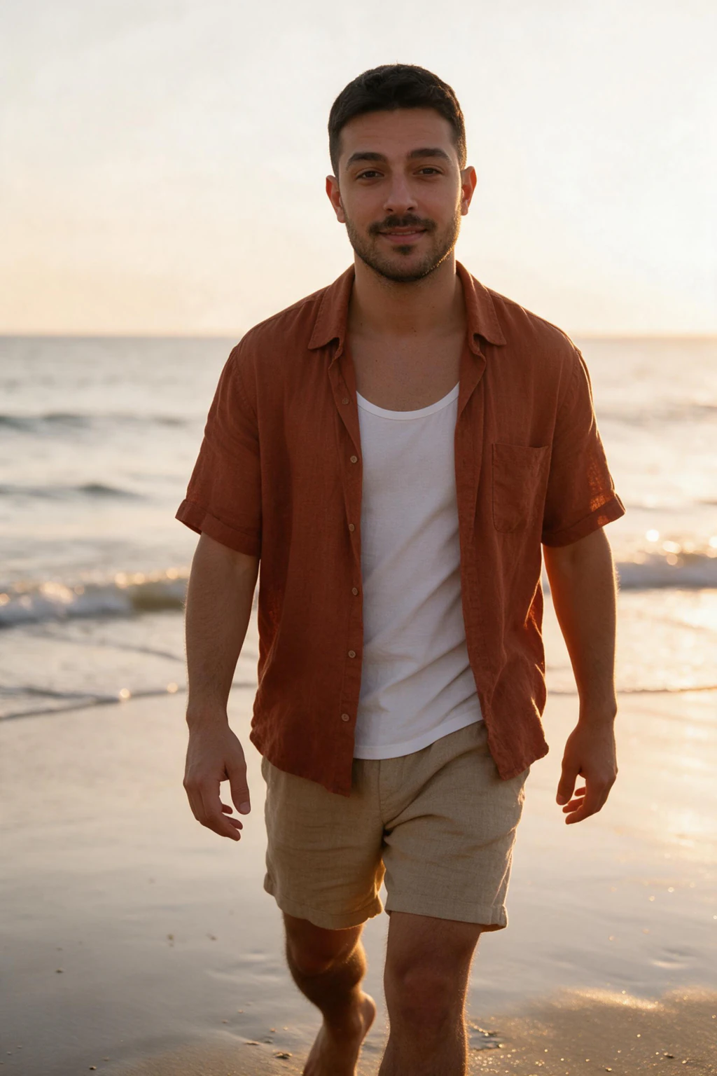 AI golden hour beach photo generated from the same selfie: man walking barefoot on the shoreline in a rust terracotta linen short-sleeve shirt over a white tank and tan linen shorts, waves and warm backlit sunset behind