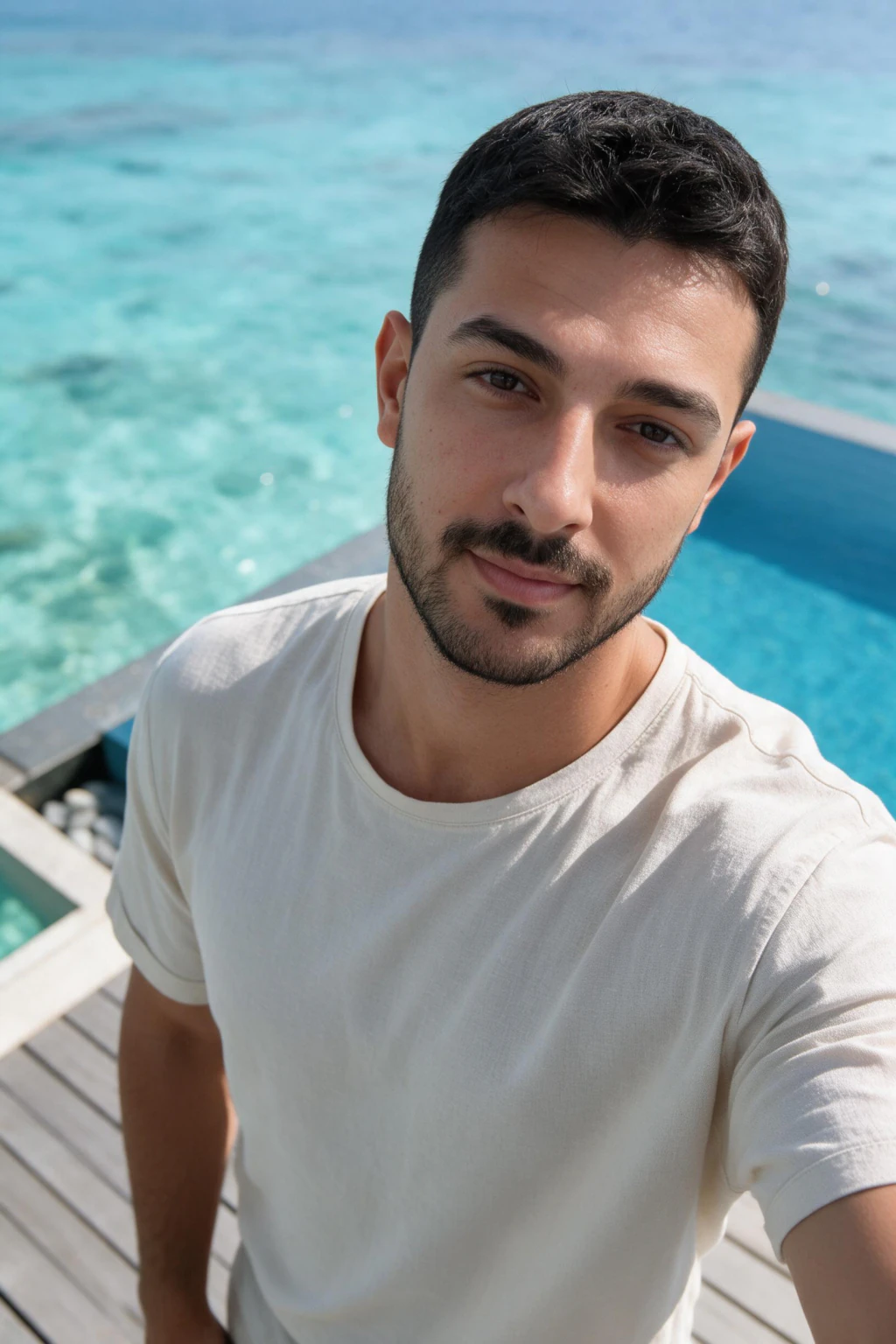 AI Beach Photos That Look Like You Actually Went: maldives villa example, generated from one selfie | MakeAiPhotos