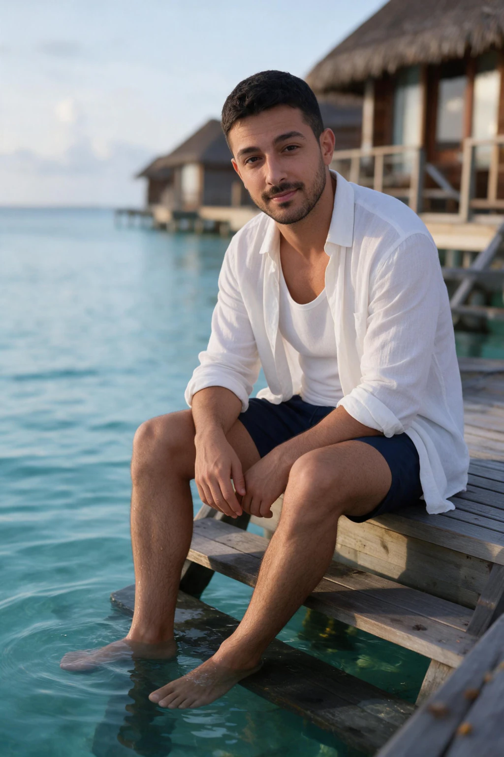 AI photo generated from the same selfie: man sitting on the wooden steps of an overwater villa, bare feet in the turquoise lagoon, open white linen shirt over a white tank top, navy swim shorts, thatched villa roofs behind, soft afternoon light