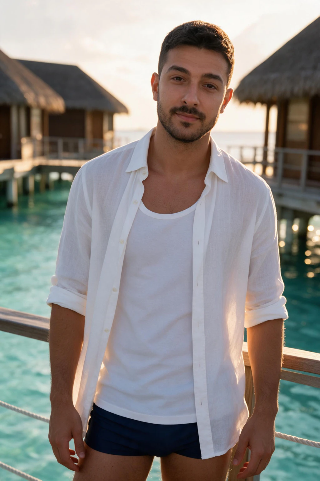 AI photo generated from the same selfie: man standing at the wooden deck rail of an overwater villa, open white linen shirt over a white tank top, navy swim shorts, turquoise lagoon and thatched roofs behind, bright daytime light