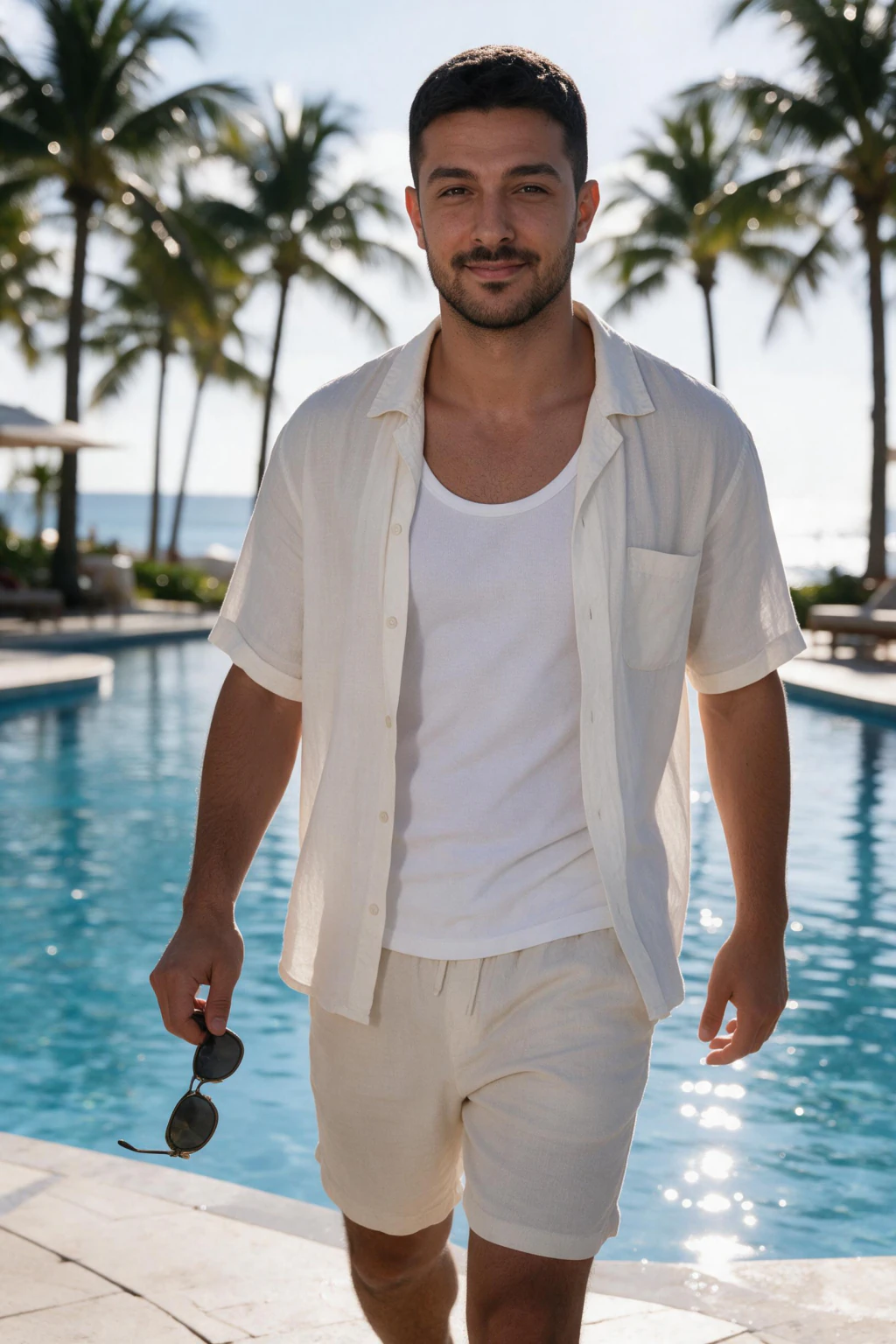 AI poolside walk photo generated from the same selfie: man walking along the stone edge of a resort pool in a cream short-sleeve resort shirt over a white tank top, cream shorts, sunglasses in hand