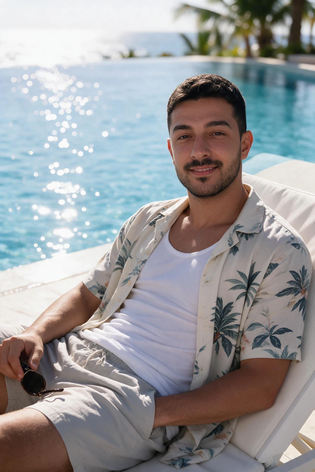 AI pool lounger photo generated from the same selfie: man reclining on a white resort pool lounger in a palm-print short-sleeve shirt over a white tank top, sunglasses in hand, pool and ocean horizon behind