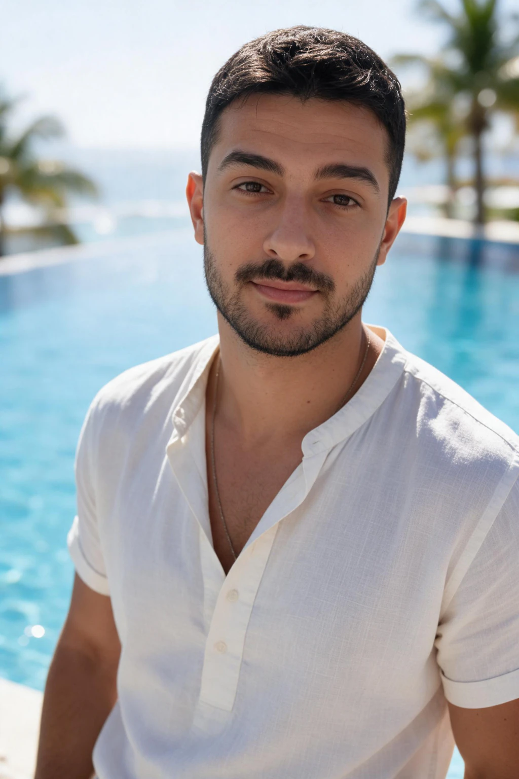 AI Beach Photos That Look Like You Actually Went: poolside resort example, generated from one selfie | MakeAiPhotos