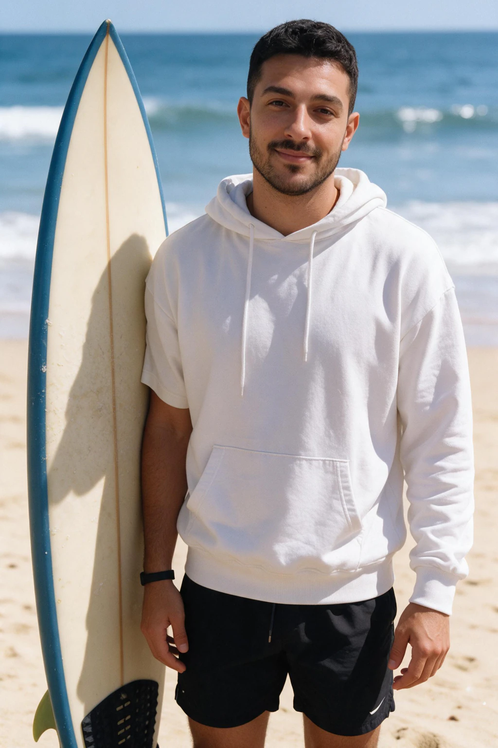 AI Beach Photos That Look Like You Actually Went: surfboard sunny example, generated from one selfie | MakeAiPhotos