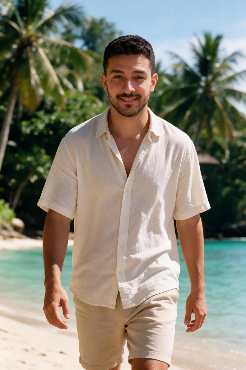 AI Beach Photos That Look Like You Actually Went: tropical palm example, generated from one selfie | MakeAiPhotos
