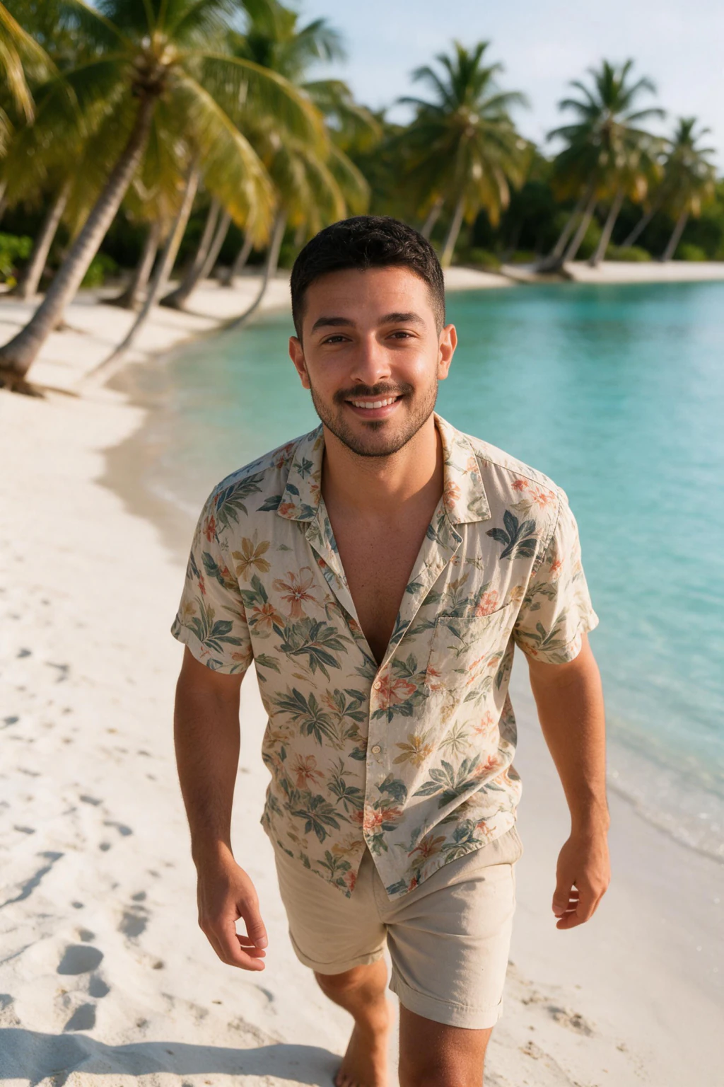 AI palm tree photo generated from the same selfie: man walking barefoot along a turquoise lagoon edge, leaning palms behind, floral camp-collar shirt, chino shorts, warm golden light