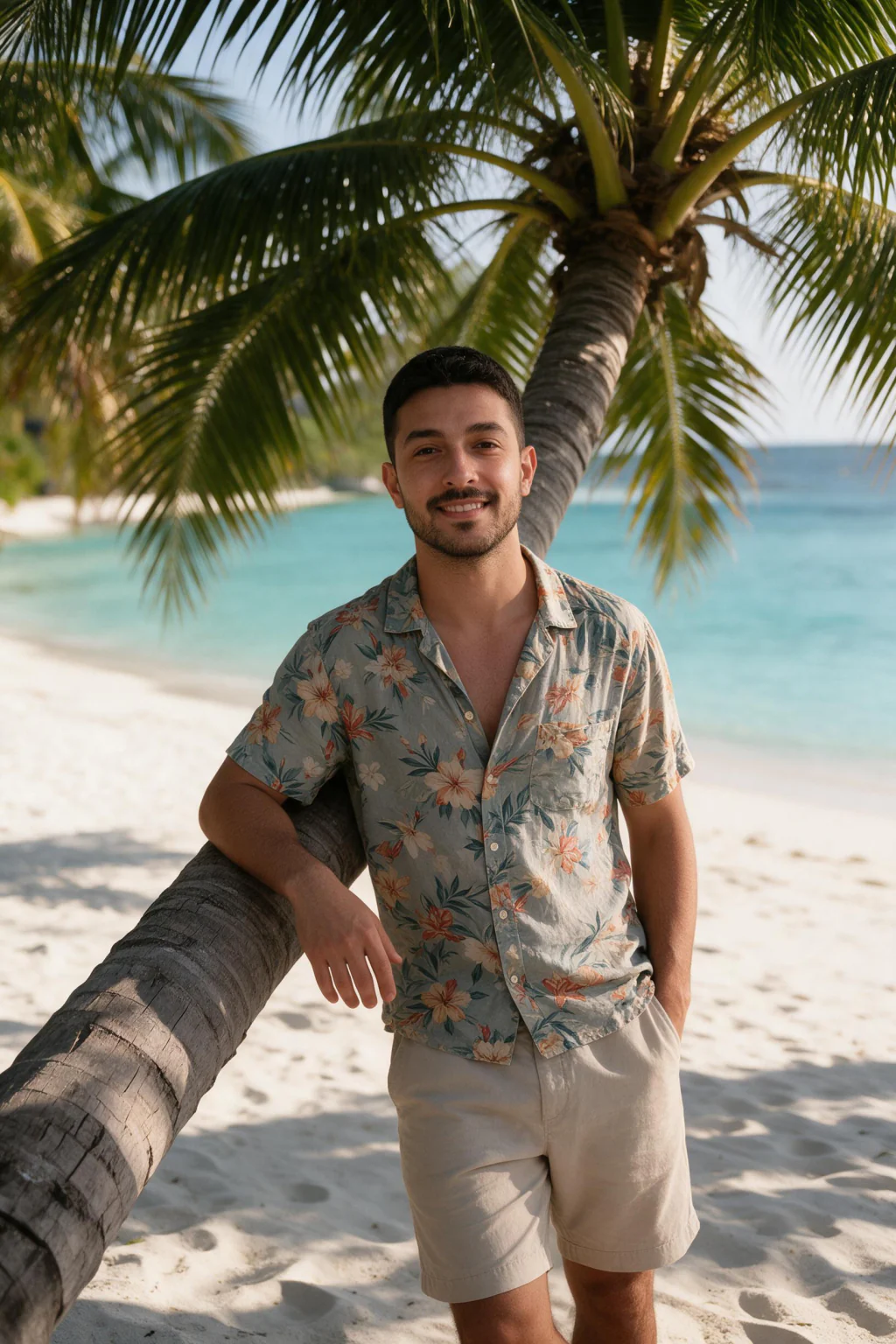 AI palm tree photo generated from the same selfie: man leaning one shoulder against a leaning palm trunk on white sand, floral camp-collar shirt, chino shorts, turquoise lagoon behind, warm late-afternoon light