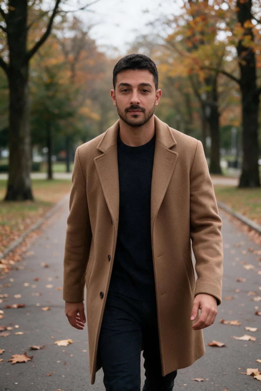 AI dating photo for a Plenty of Fish profile generated from one phone selfie: autumn park path, full length