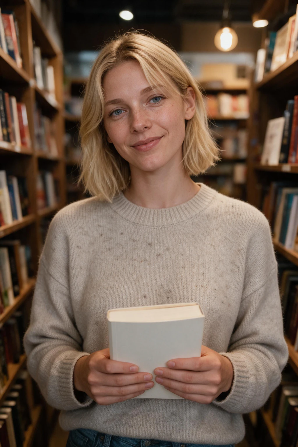 AI photo generated from one selfie: bookshop aisle, oatmeal knit sweater, holding a paperback, wooden shelves softly blurred