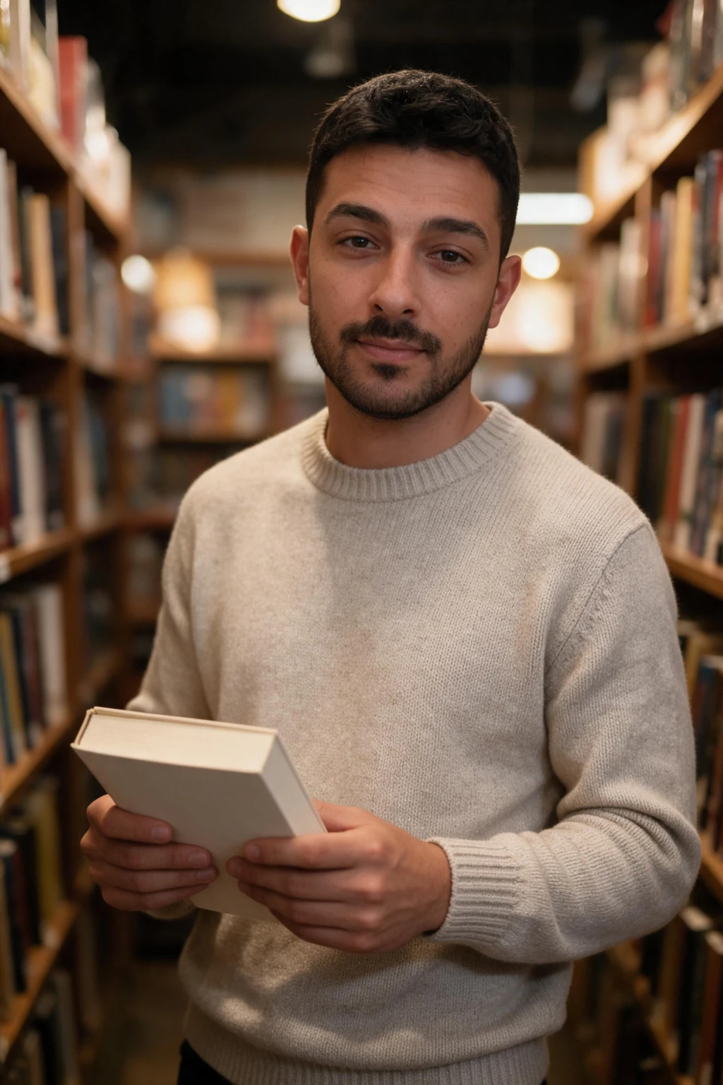 AI photo generated from one selfie: browsing a small bookshop aisle in a plain oatmeal knit, warm shelf light