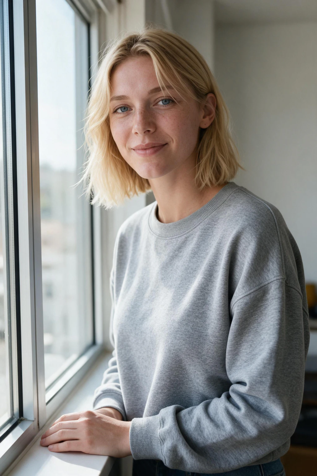 AI photo generated from one selfie: plain crewneck by an apartment window, relaxed expression, face evenly lit