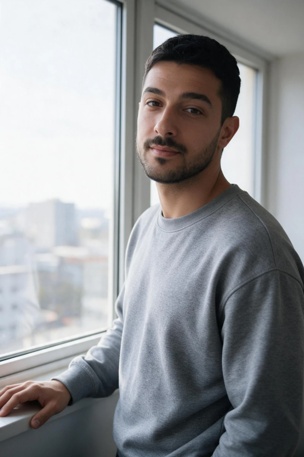 AI photo generated from one selfie: plain grey crewneck beside a bright apartment window, soft even daylight on the face