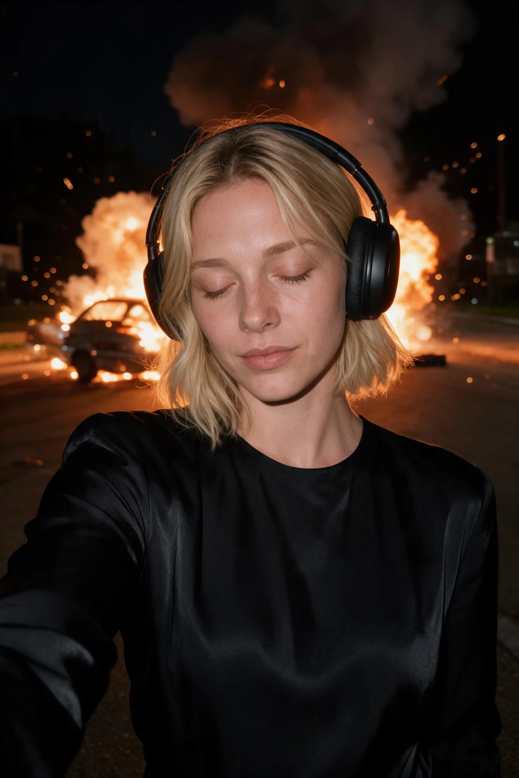AI Cinematic Portrait Generator: Make a Movie Poster of Yourself: explosion night example, generated from one selfie | MakeAiPhotos