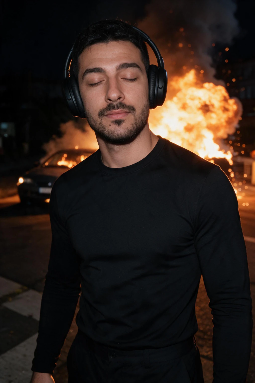 AI Cinematic Portrait Generator: Make a Movie Poster of Yourself: explosion night example, generated from one selfie | MakeAiPhotos