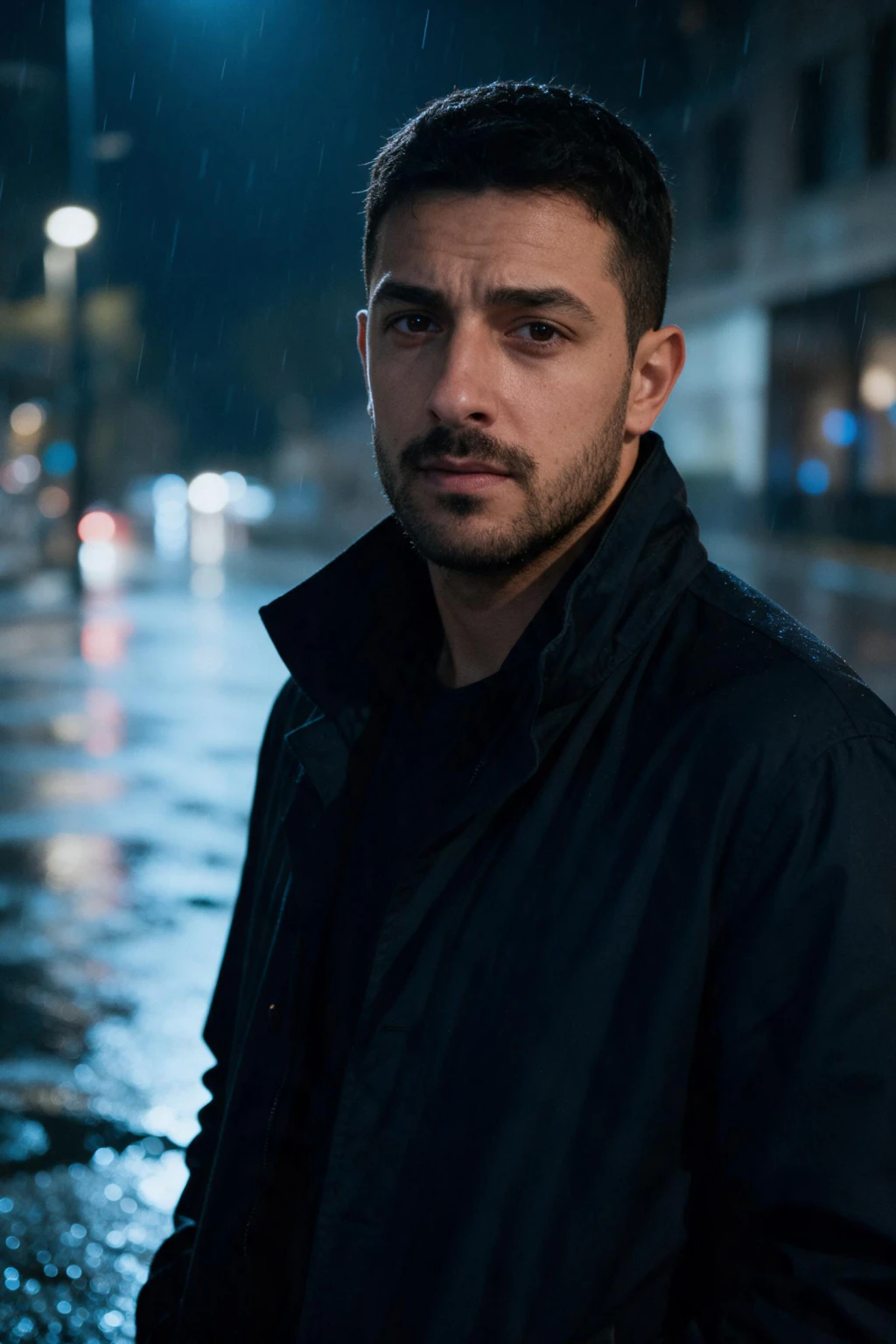 AI Cinematic Portrait Generator: Make a Movie Poster of Yourself: rain street example, generated from one selfie | MakeAiPhotos