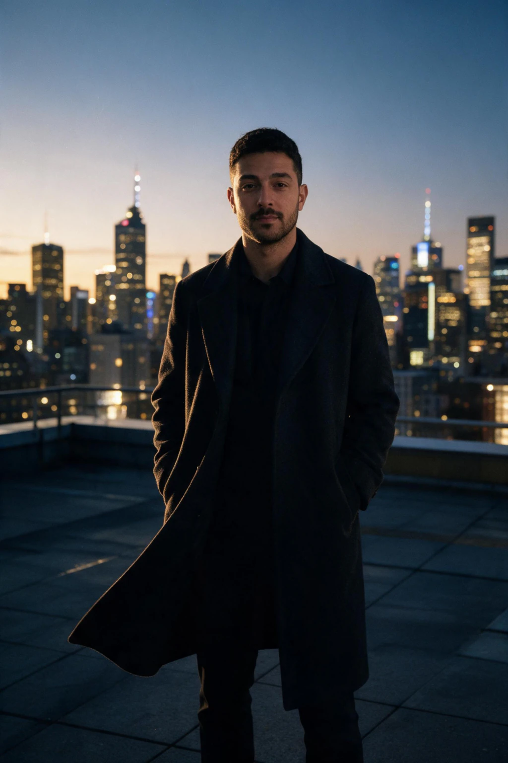 AI Cinematic Portrait Generator: Make a Movie Poster of Yourself: rooftop dusk example, generated from one selfie | MakeAiPhotos