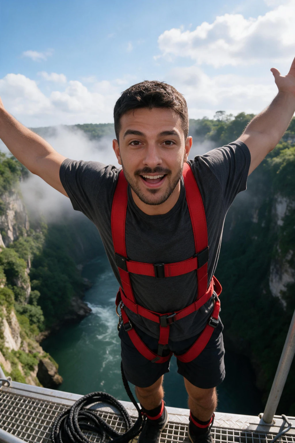 AI Skydiving Photo Generator: 10 Extreme Sports Looks From One Selfie: bungee jump example, generated from one selfie | MakeAiPhotos