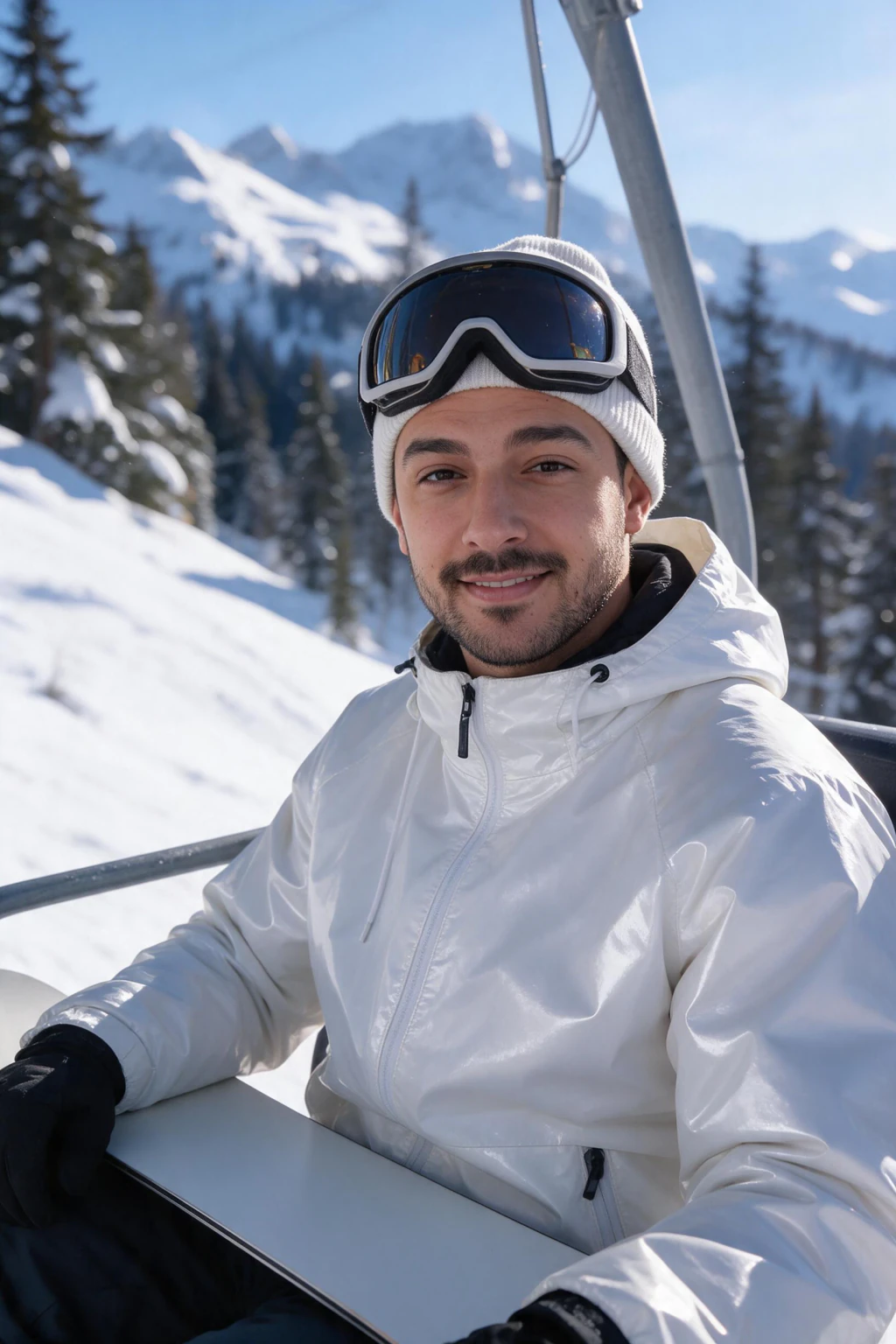 AI chairlift selfie of the same man with a snowboard across his lap and peaks below, generated from the same selfie