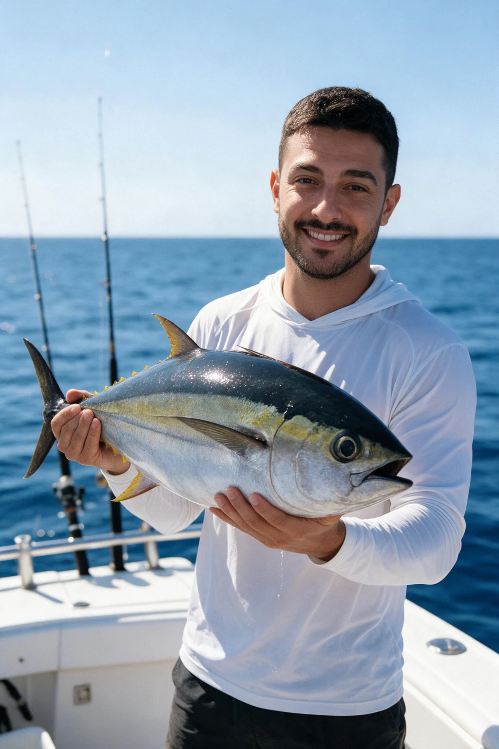 AI Skydiving Photo Generator: 10 Extreme Sports Looks From One Selfie: deep sea fishing example, generated from one selfie | MakeAiPhotos