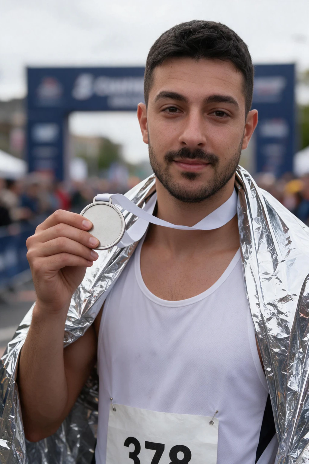 AI photo of the same man holding up a plain finisher medal with a foil blanket over his shoulders, generated from the same selfie