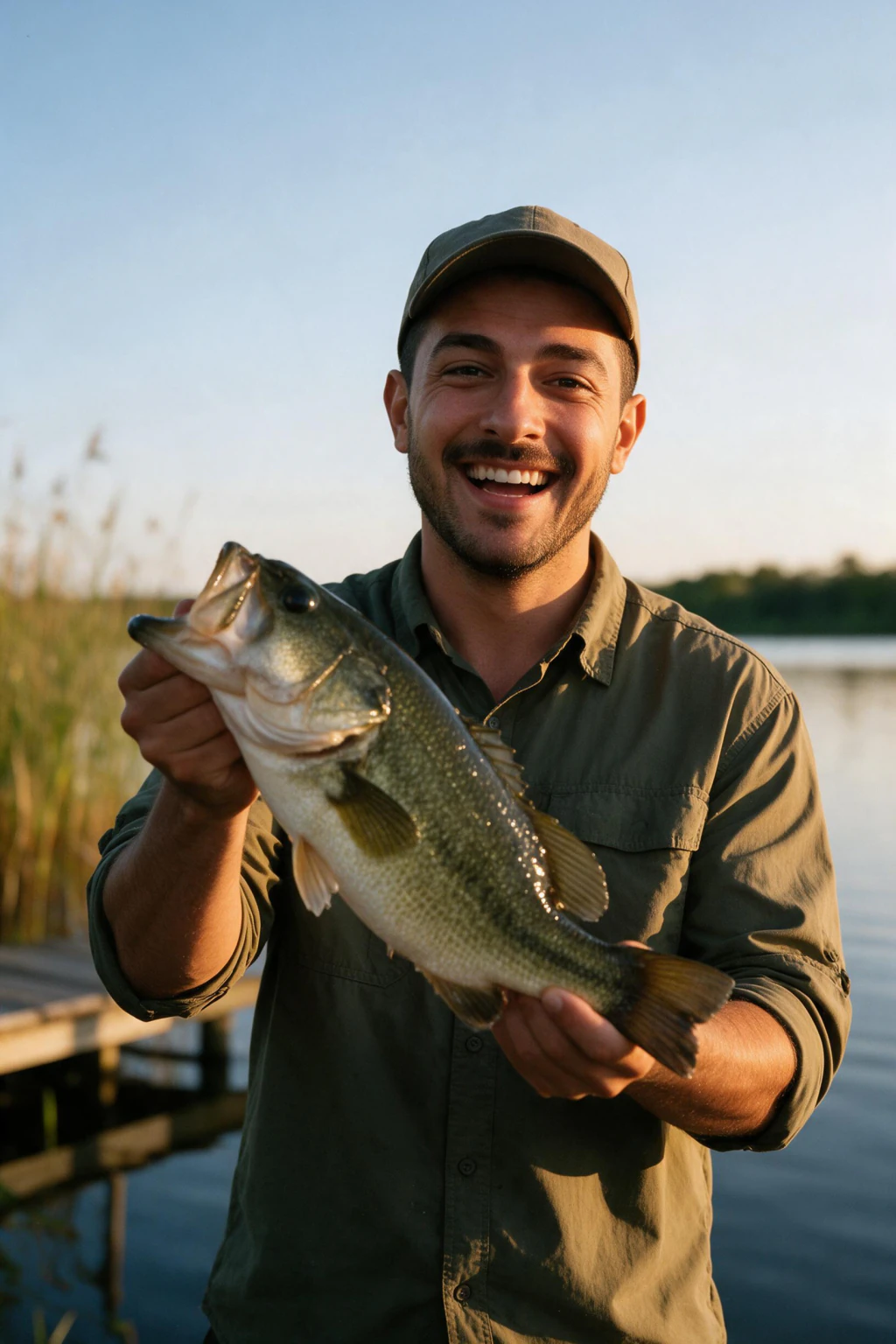 AI photo of the same man holding a largemouth bass at a lake at golden hour, generated from the same selfie