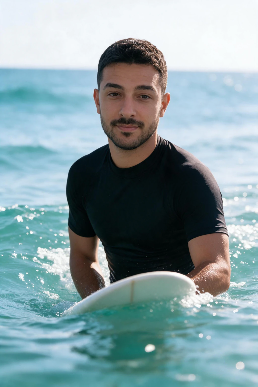 AI photo of the same man gliding on a longboard across a small clean wave at water level, generated from the same selfie