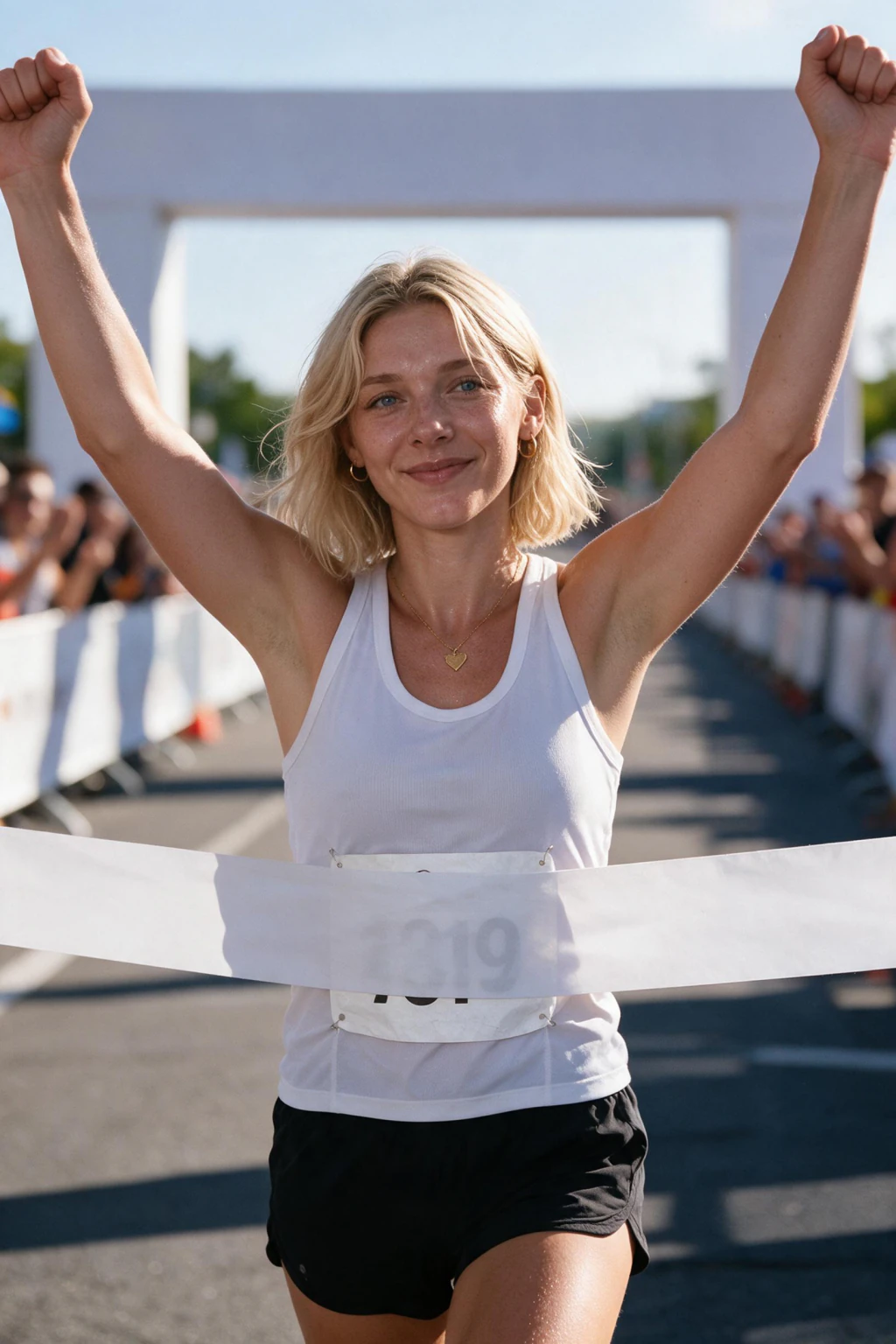 AI Skydiving Photo Generator: 10 Extreme Sports Looks From One Selfie: marathon finish example, generated from one selfie | MakeAiPhotos