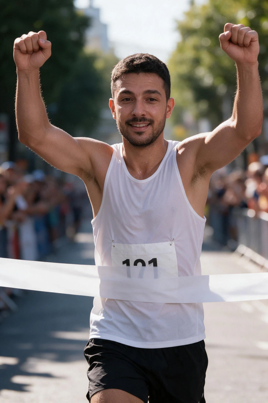 AI Skydiving Photo Generator: 10 Extreme Sports Looks From One Selfie: marathon finish example, generated from one selfie | MakeAiPhotos