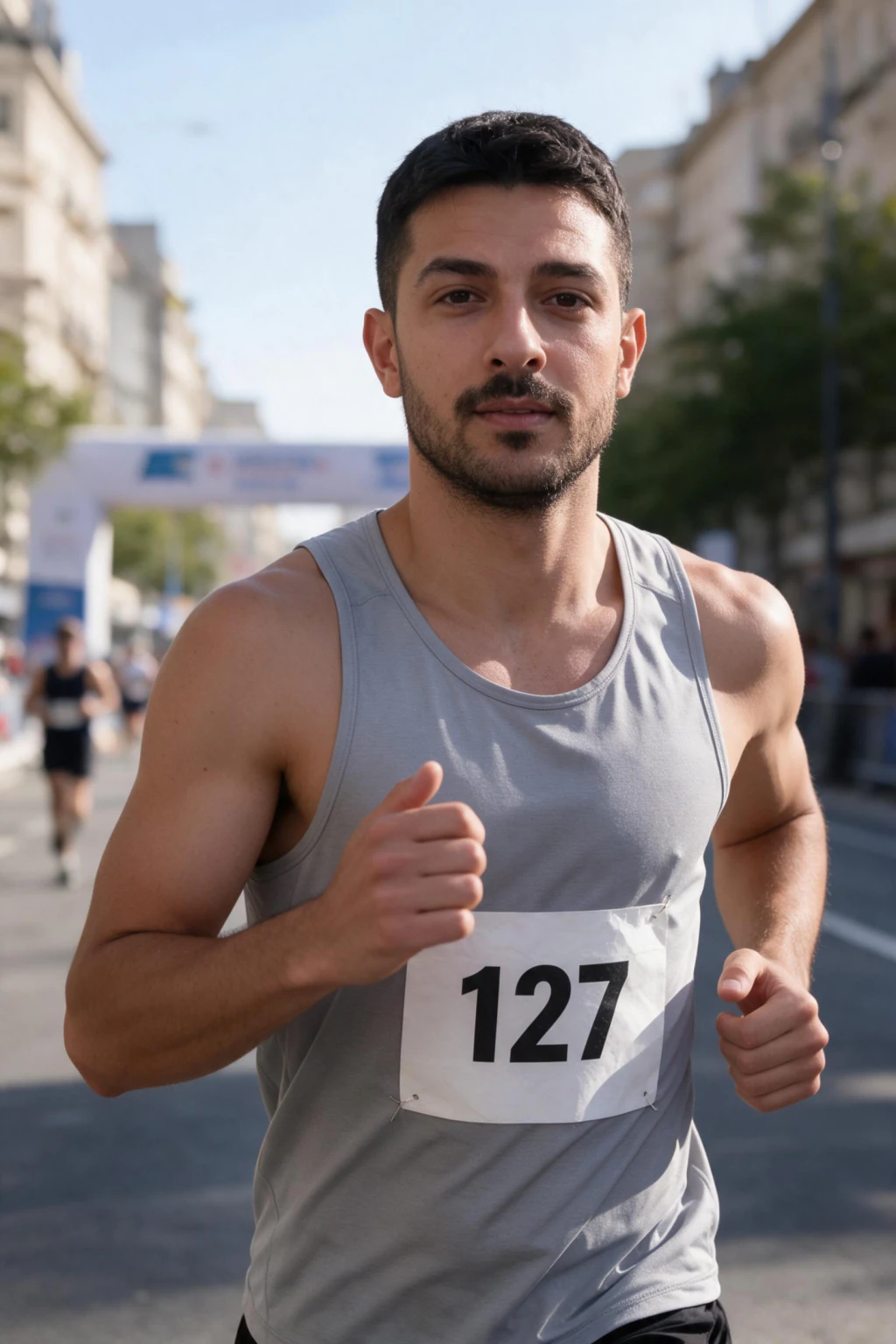 AI photo of the same man running mid-stride down a closed city street during a marathon, generated from the same selfie