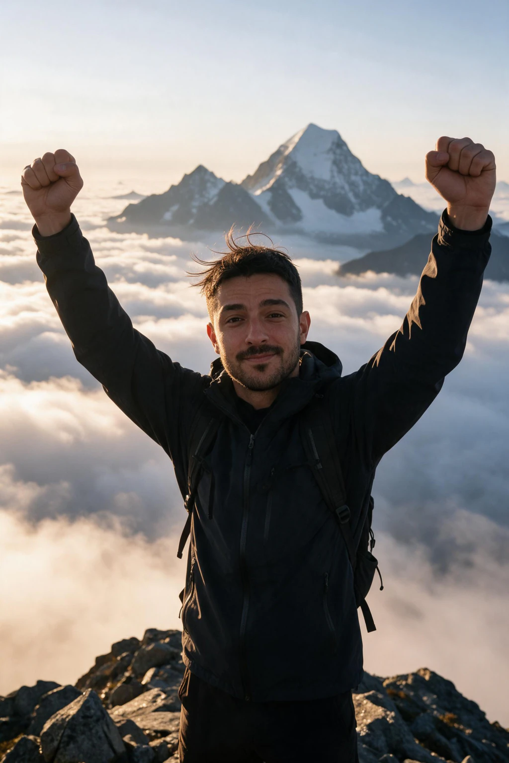 AI Skydiving Photo Generator: 10 Extreme Sports Looks From One Selfie: mountain summit example, generated from one selfie | MakeAiPhotos