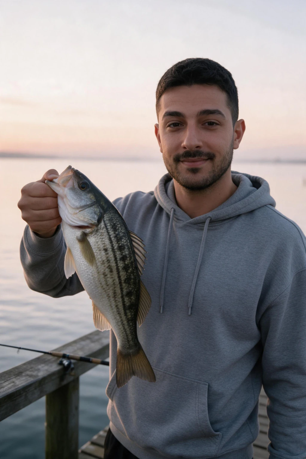 AI photo of the same man holding a striped bass on a wooden pier at sunrise, generated from the same selfie