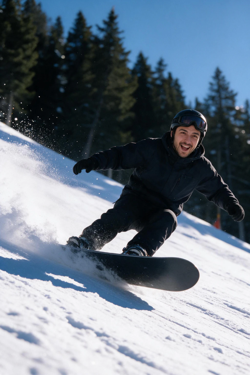 AI action photo of the same man carving a powder turn with snow spray, generated from the same selfie