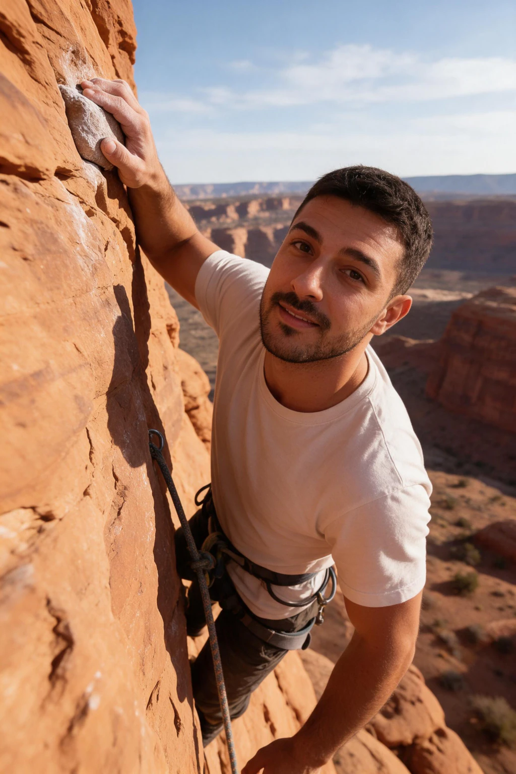 AI Skydiving Photo Generator: 10 Extreme Sports Looks From One Selfie: rock climbing example, generated from one selfie | MakeAiPhotos